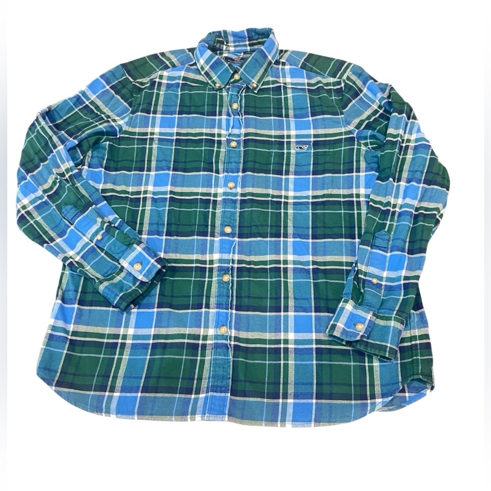 Vineyard Vines Shirt Mens Large Classic Poplin Button Up Plaid Green/Blue Sz L